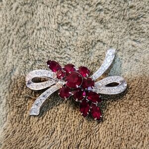 Eisenberg Ice Deep Red Rhinestone Cluster with Clear Rhinestone Bow Brooch